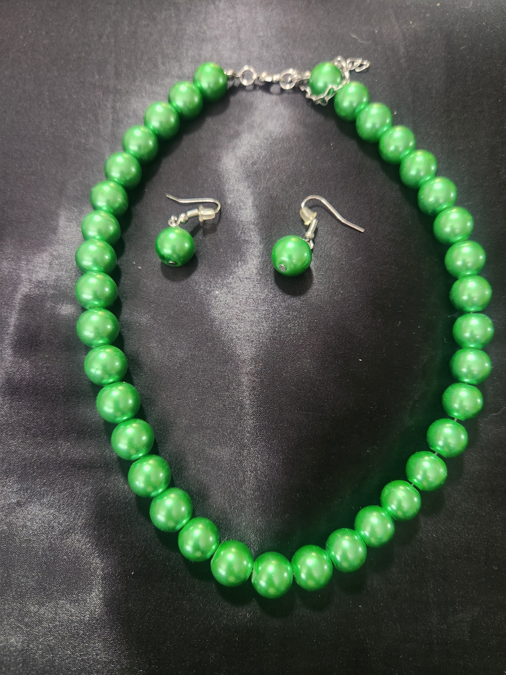 Green Glass Pearl Bead Necklace and Earrings Set - Women Jewelry